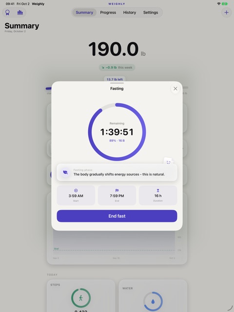 Weighly iPad screenshot: Fasting timer
