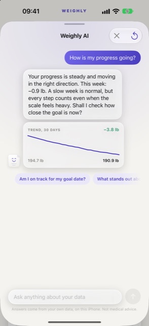 Weighly iPhone screenshot: AI coach answer