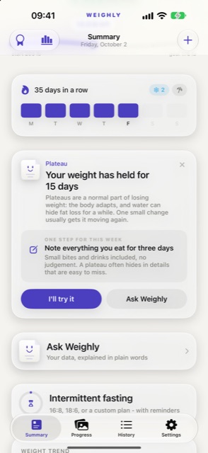 Weighly iPhone screenshot: Plateau help