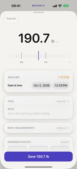 Weighly iPhone screenshot: Add weight