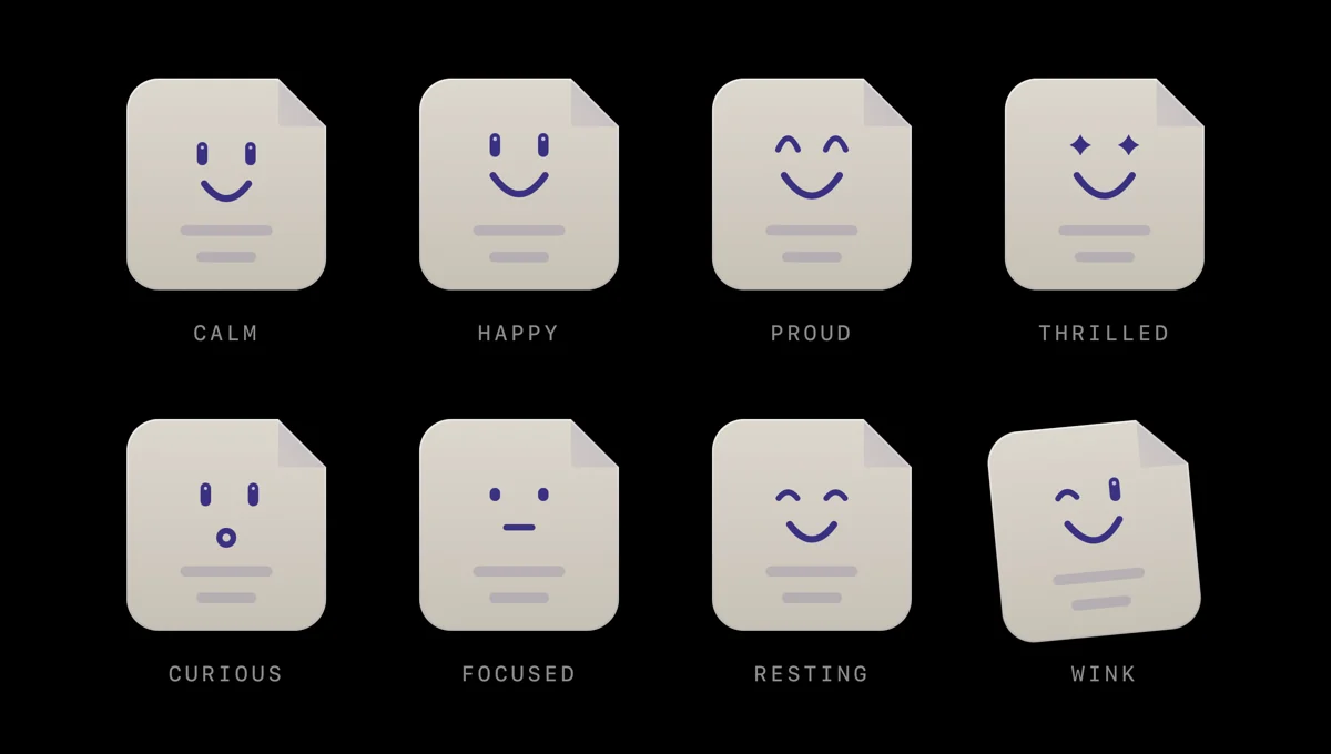 The eight moods of the Weighly note character: calm, happy, proud, thrilled, curious, focused, resting and wink