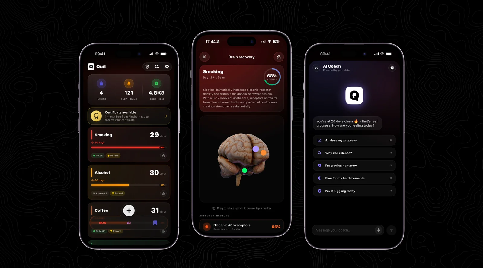 Three Quit screens on a dark background: the home screen with habits and clean days, the 3D brain recovery screen, and the AI Coach