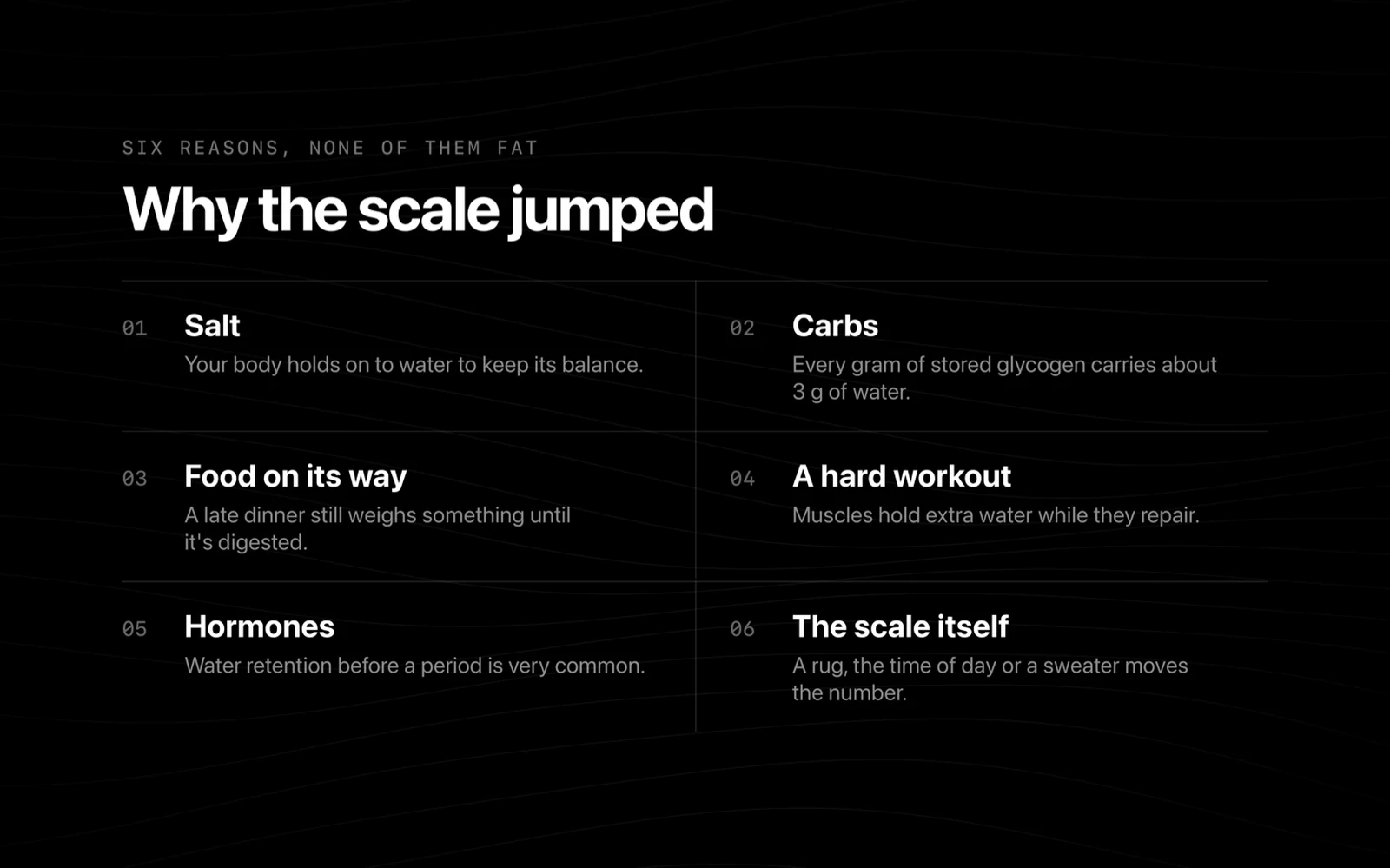 Six reasons the scale jumps overnight: salt, carbs, food still being digested, a hard workout, hormones, and the scale itself