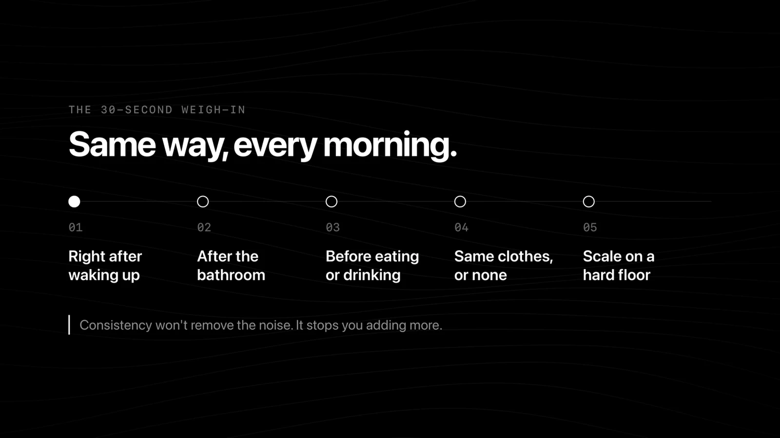 A five-step morning weigh-in routine: right after waking up, after the bathroom, before eating or drinking, in the same clothes, with the scale on a hard floor